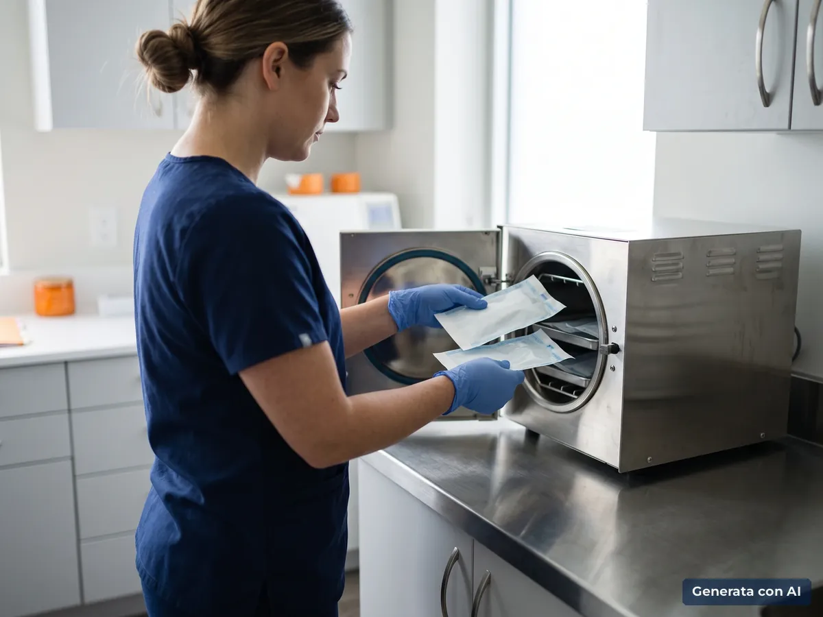 Assistente con guanti blu che inserisce le buste di sterilizzazione nell’autoclave